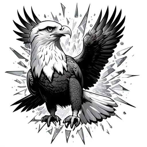 Bald Eagle Facing Front Ways On Flying Straight Through An Hour Glass With Glass Shards Everywhere