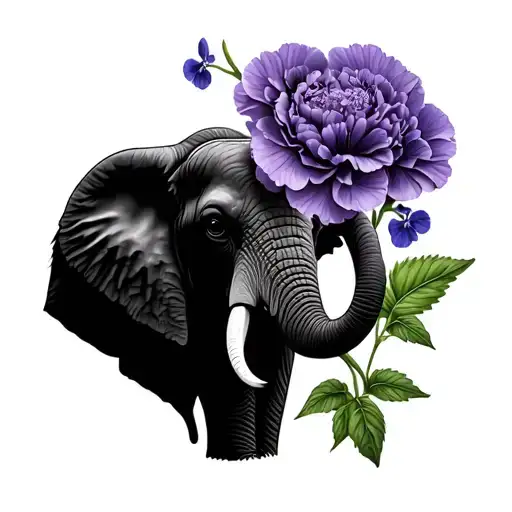 Half Elephant Face With Peppermint Carnation Flower And African Purple Violets