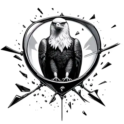 Bald Eagle Facing Front Ways On Flying Through An Hourglass With Glass Shards Everywhere