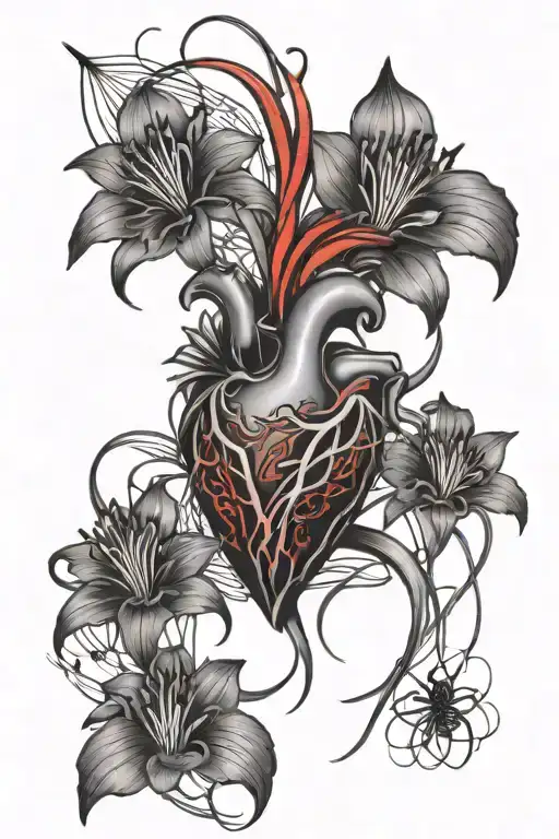 Realistic Heart With Blade Going Through It And Red Spider Lily's Around It