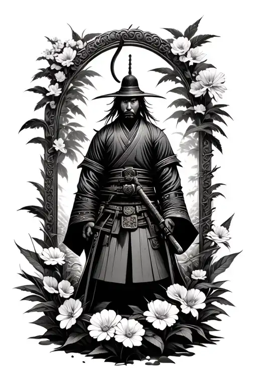 Ronin Samurai Standing In Garden Of Flowers