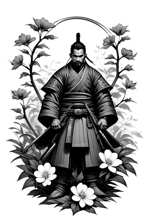 Ronin Samurai Standing In Garden Of Flowers Blooming