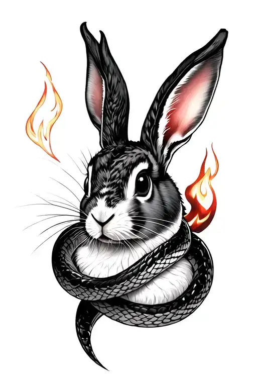 Fire Snake Wrapping Around Wood Rabbit