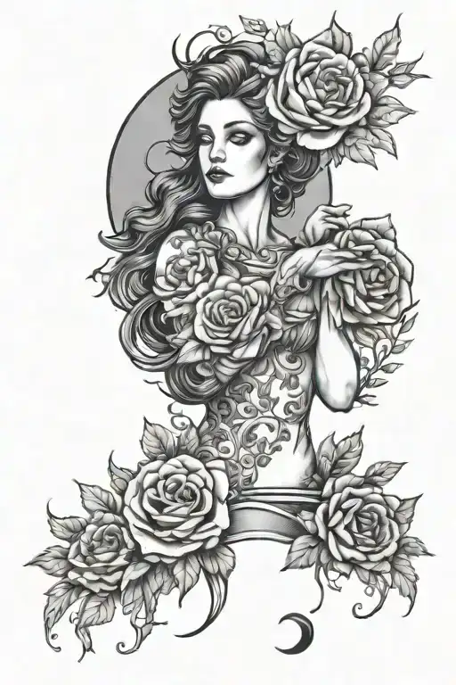 Witchy Floral Sleeve Tattoo With Moon And Greek Goddess Elements With Roses And Other Flowers