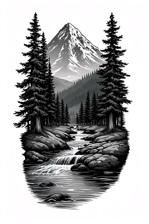 Forest With River Flowing And Mountain In Background