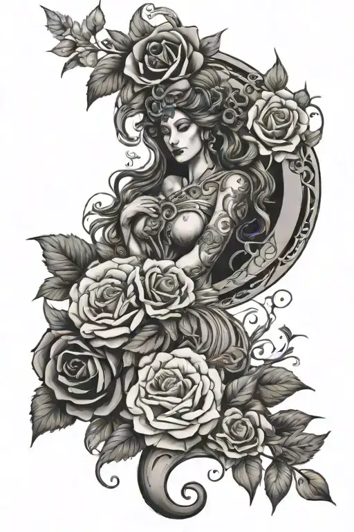 Witchy Floral Sleeve Tattoo With Moon And Greek Goddess Elements With Roses And Other Flowers