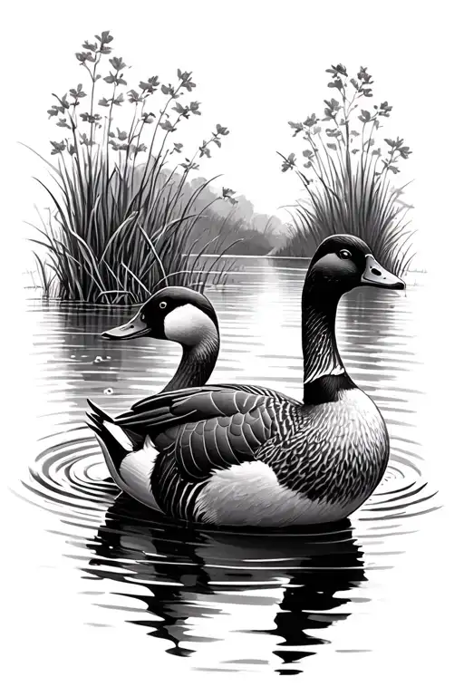 Duck And A Goose Sitting On A Pond