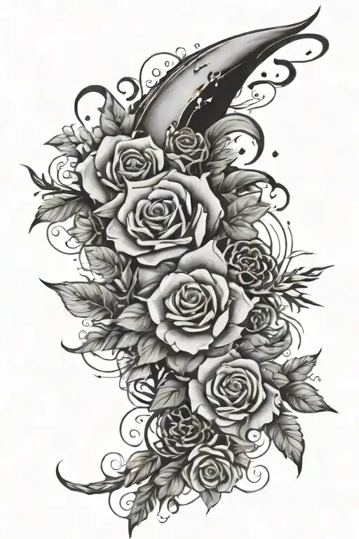 Witchy Floral Sleeve Tattoo With Moon Elements With Roses And Other Flowers