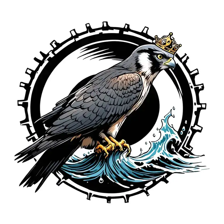 Peregrine Falcon Flying With Gear Crown And Water Wave Tail