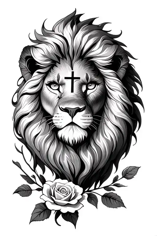 Lion With Cross Through Eyes With Little Rose Beneath