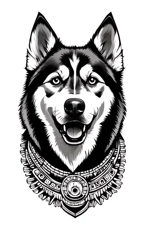 Husky Face Named Maya With Mayan Culture Drawings Circling