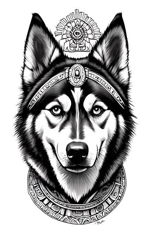 Husky Face Named Maya With Mayan Culture Drawings Circling