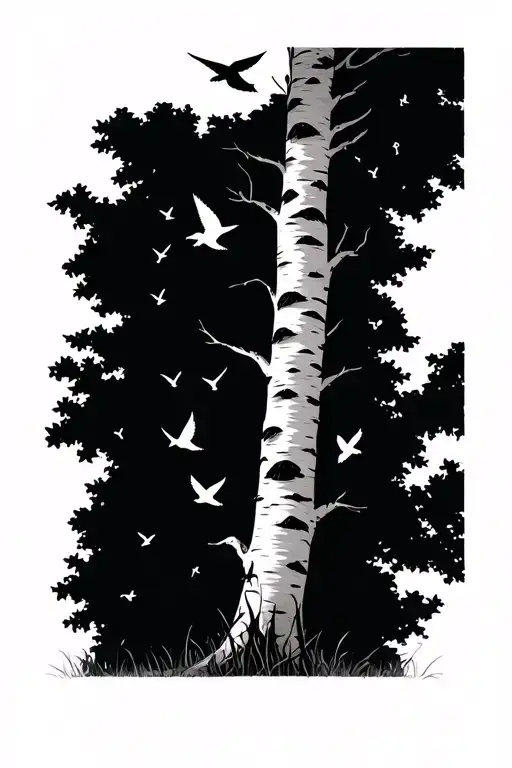 Birch Tree And Birds Flying Towards