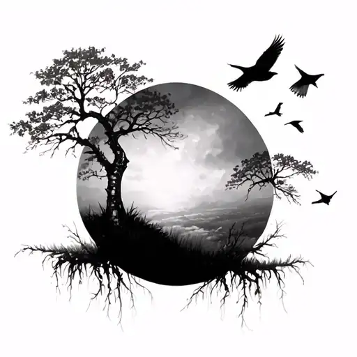 Birch Tree And Birds Flying Towards