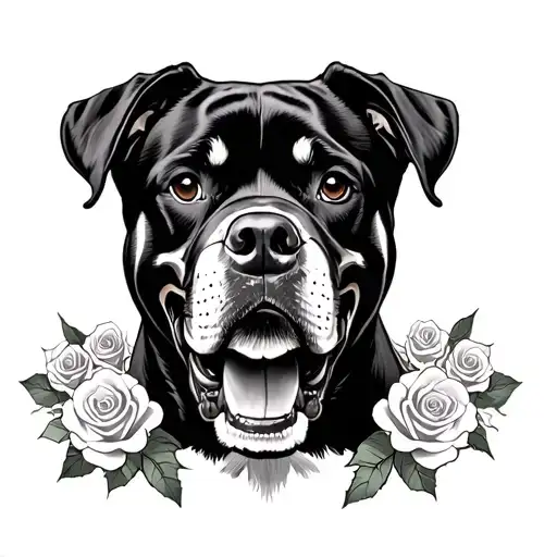 Rottweiler With Roses And Skulls