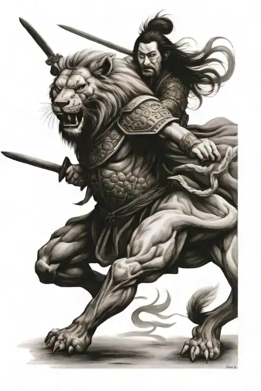 Japanese Warriors Fighting With Lion