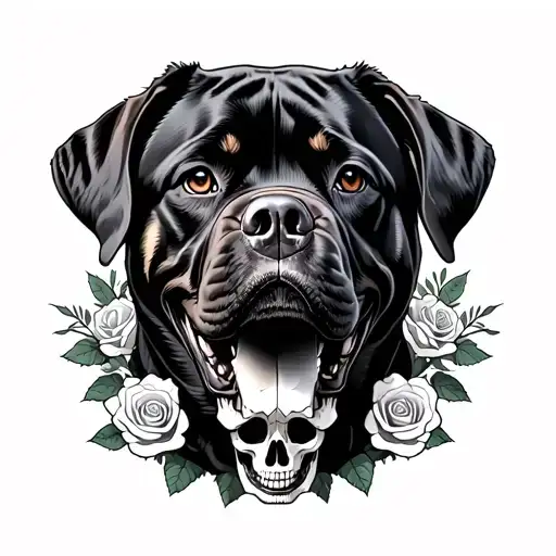 Rottweiler With Roses And Skulls