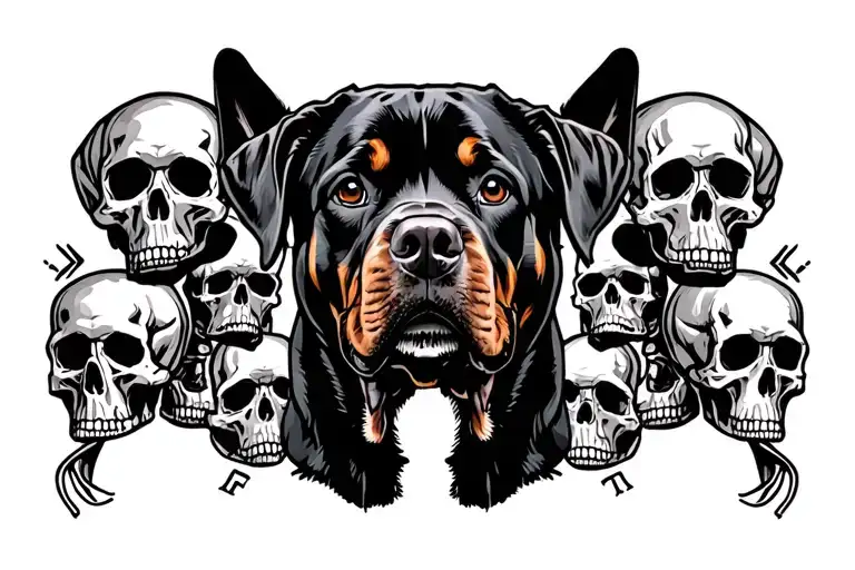 Rottweiler Portrait With Skulls Surrounded