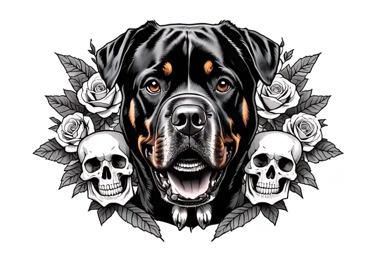 Rottweiler Portrait With Skulls And Roses