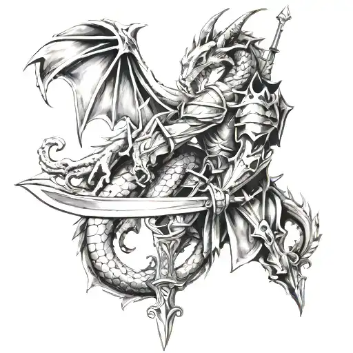 Dragon And Knight Holding A Sword