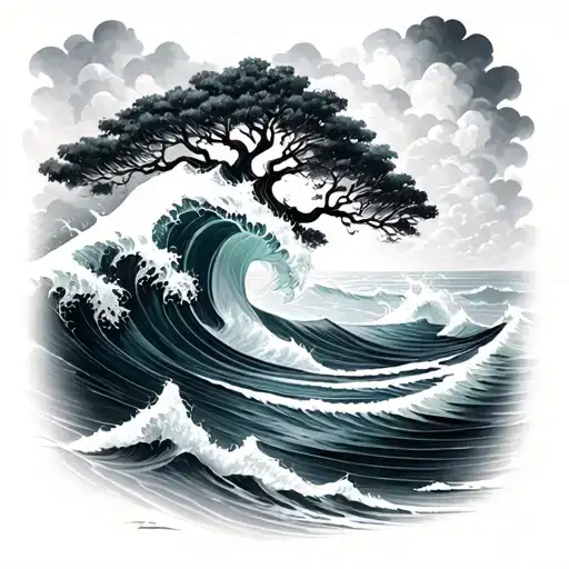 Ocean Ocean Big Wave And Tree Of Life
