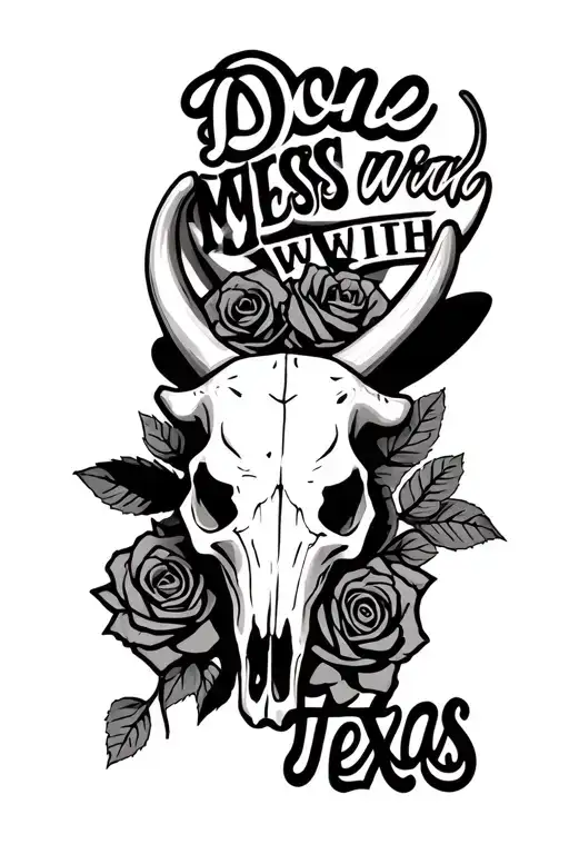 Texan Bull Skull With Roses With Latin Writing Saying Done Mess With Texas