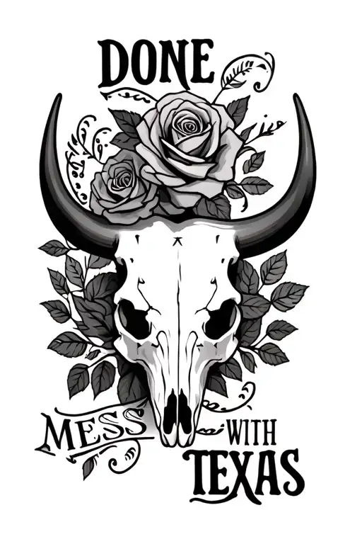 Texan Bull Skull With Roses With Latin Writing Saying Done Mess With Texas