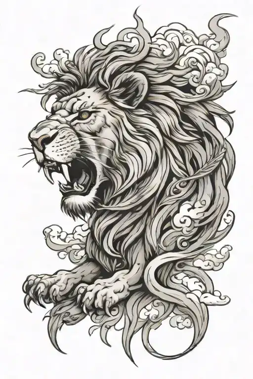 Lion Roaring And Cross With Clouds Surrounding