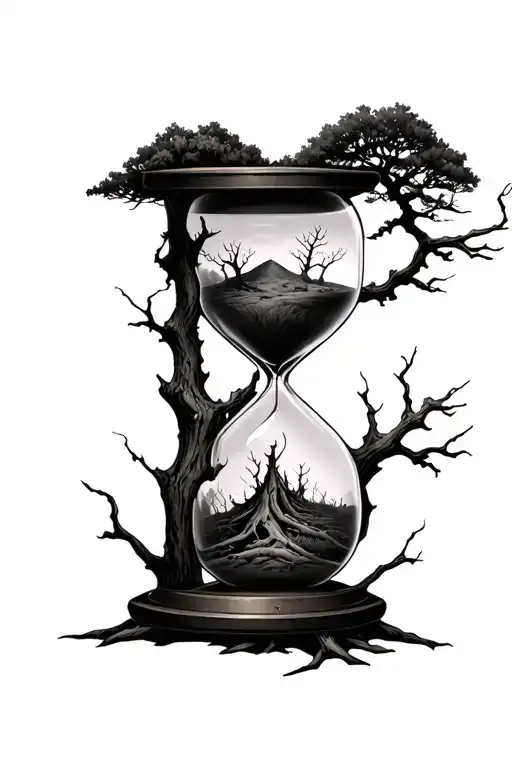 Hourglass With Live Tree On Top And Dead Tree On Bottom
