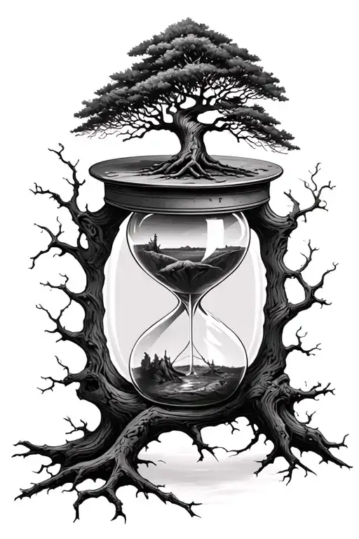 Hourglass With Living Tree In Top Glass And Dead Tree In Bottom Glass
