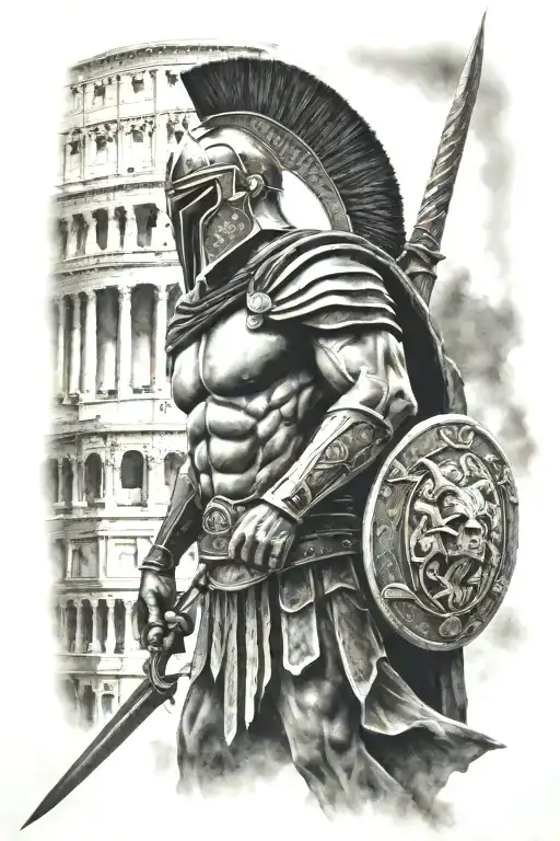 Spartan Warrior And Colosseum In Background Black