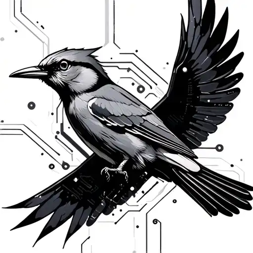 Cyberpunk Mockingbird In Flight With Circuits