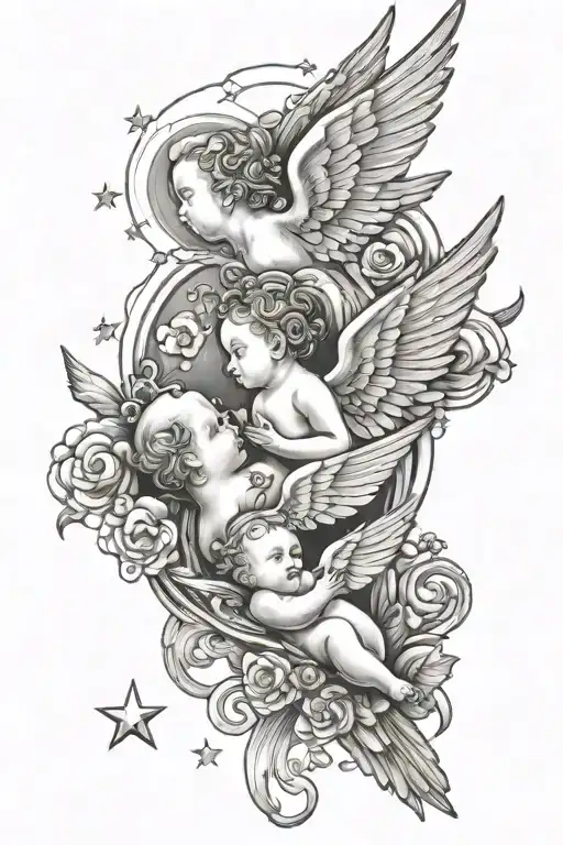 Doves And Baby Angel With Clouds And Stars Forming