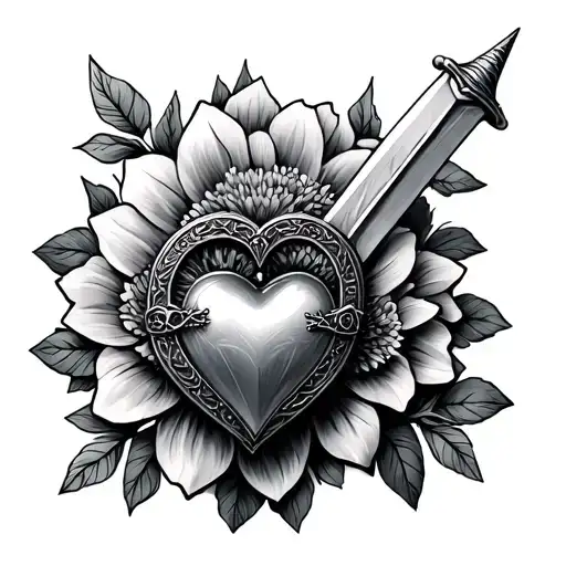 Mini Sword Protecting Hear Locket With Flower Behinf Sword
