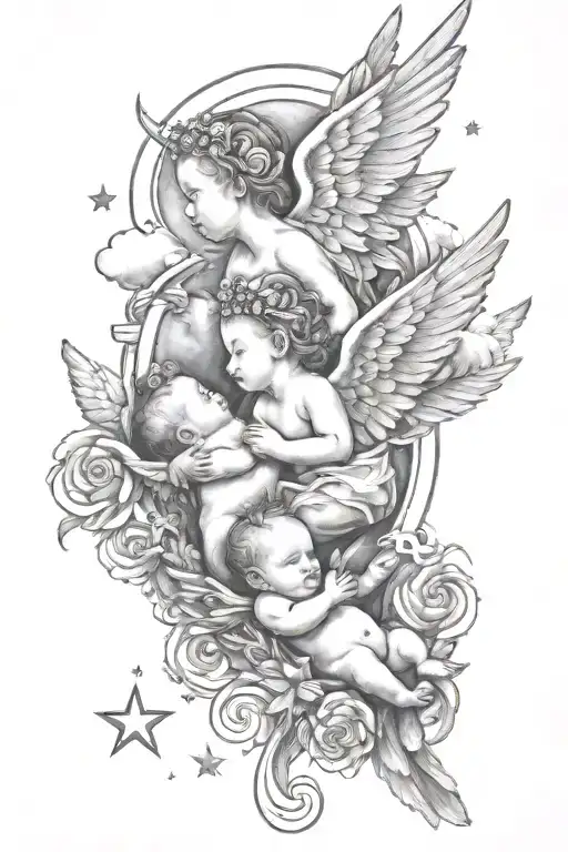Doves And Baby Angel With Clouds And Stars Forming
