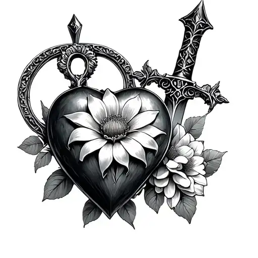 Sword Protecting Hear Locket With Flower Behinf Sword