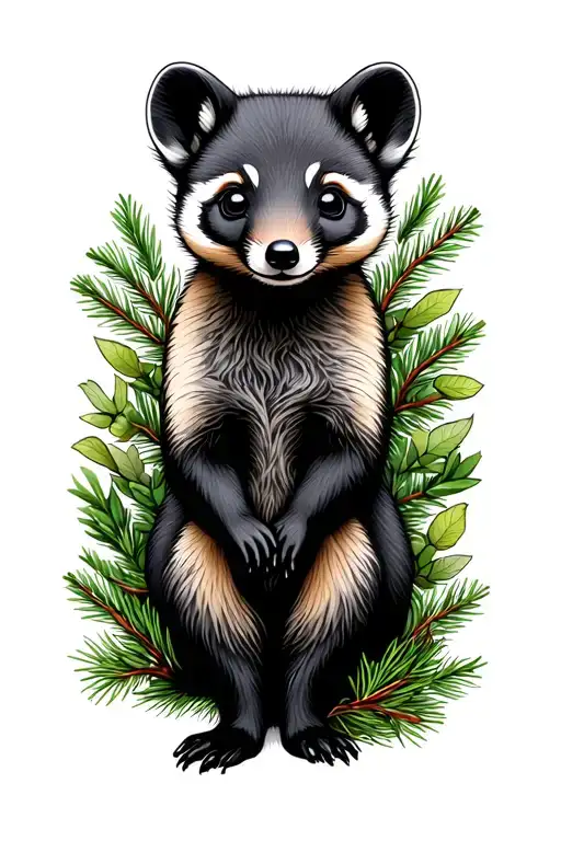 Pine Marten Full Body With Greenery