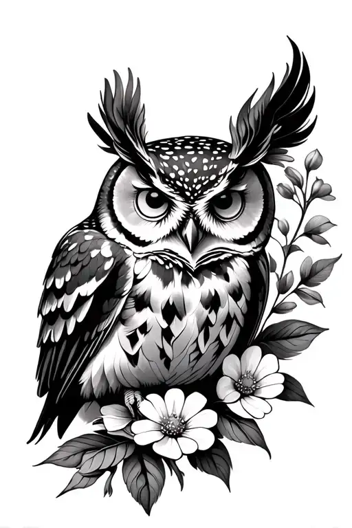 Owl Perched With Flowers Intertwined