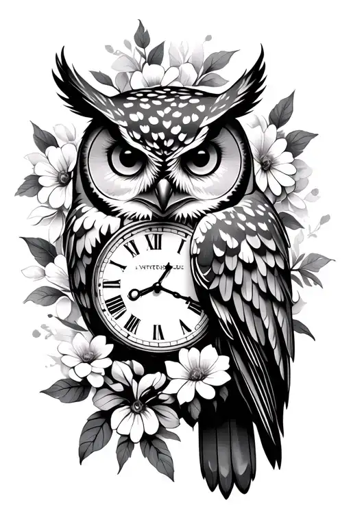 Owl Perched With Flowers Intertwined And Clock Face