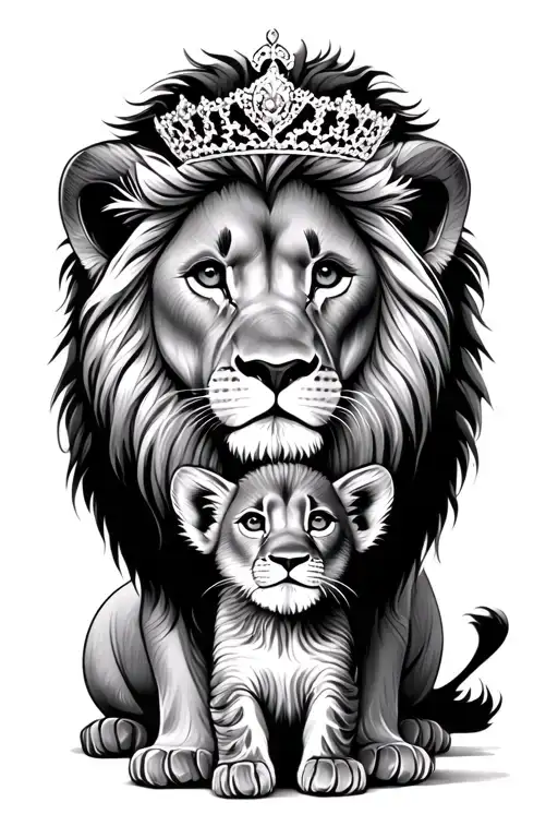 Lion And Its Cub With Cub Wearing Tiara