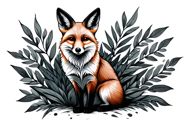 Fox Sitting Tall Upright With Foliage Behind