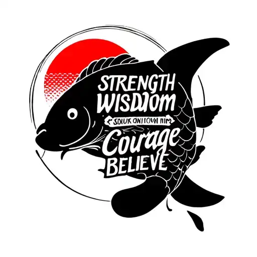 Japanese Writing Saying Strength Wisdom Courage Believe In A Koi Fish's Scales With A Japanese Sun