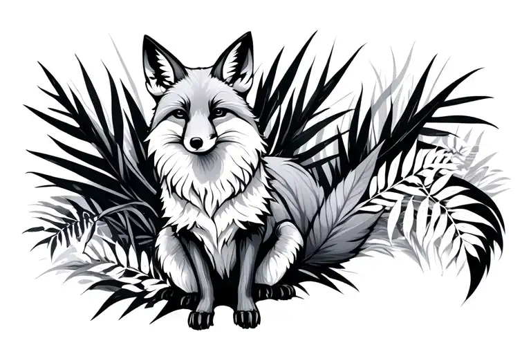 Black And White Tribalized Fox Sitting Tall Upright With Dense Foliage Behind