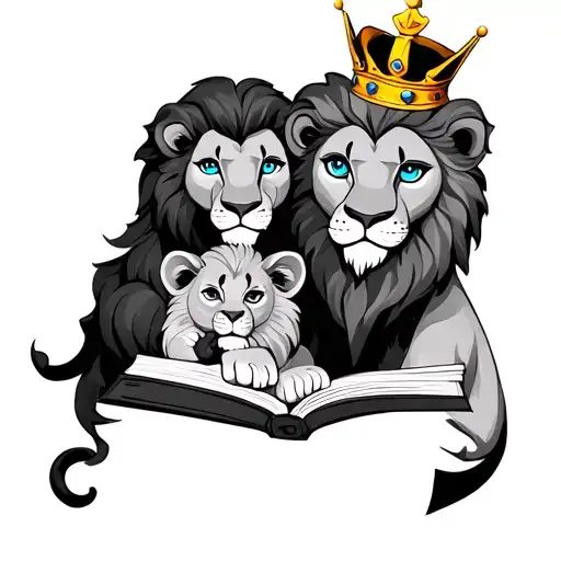 Mother And Baby Lion With Blue Eyes And Crown Holding Book