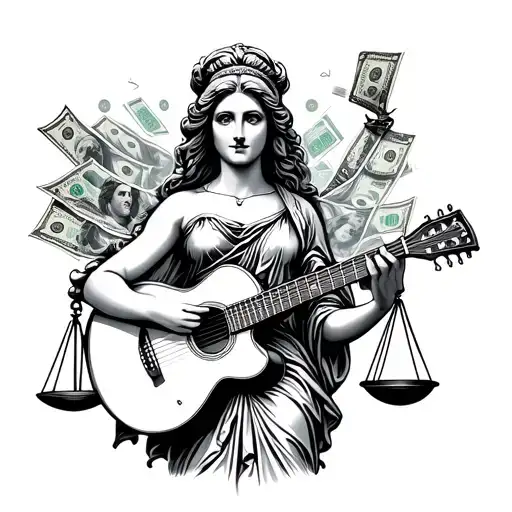 Lady Justice Holding Scales Balancing Guitar And Money