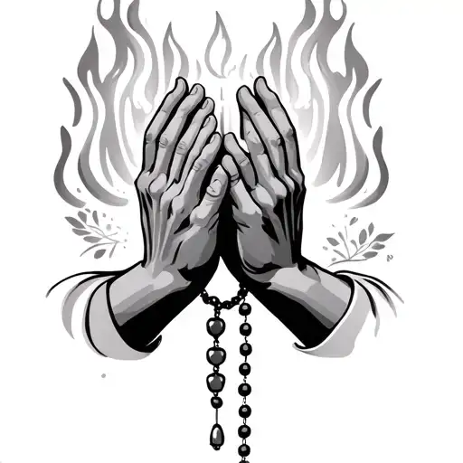 Two Burning Candeles On Iether Side Of Praying Hands With Rosary