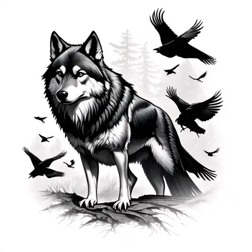 A Lone Wolf Surrounded By Ravens In The Woods