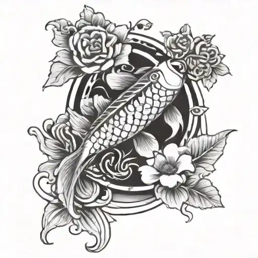 Koi Fish With Flowers And A Christian Cross Scene