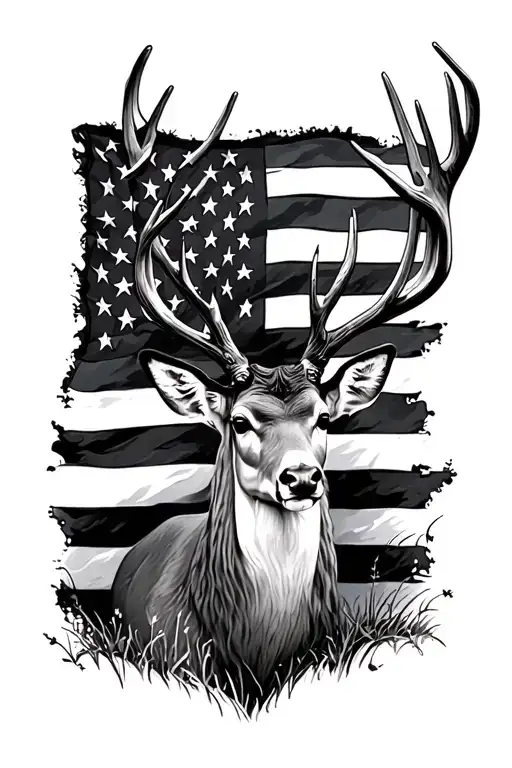 American Flag And White Tail Deer