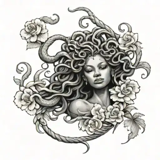 African American Medusa Surrounded By Snakes And Flowers Growing